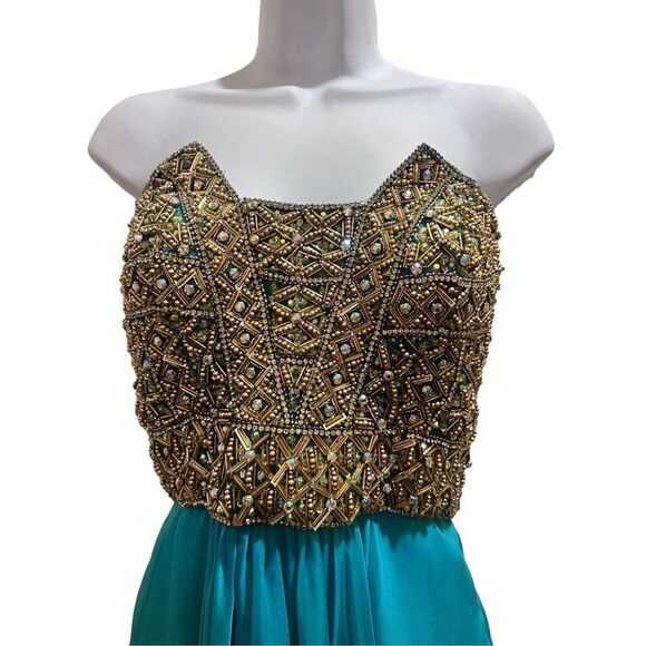 La Femme women’s strapless beaded gold and teal gown, sz 4 prom gala - Picture 4 of 8
